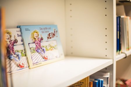 Ein Bücherregal mit einem Buch mit dem Titel "Das große und das kleine NEIN"